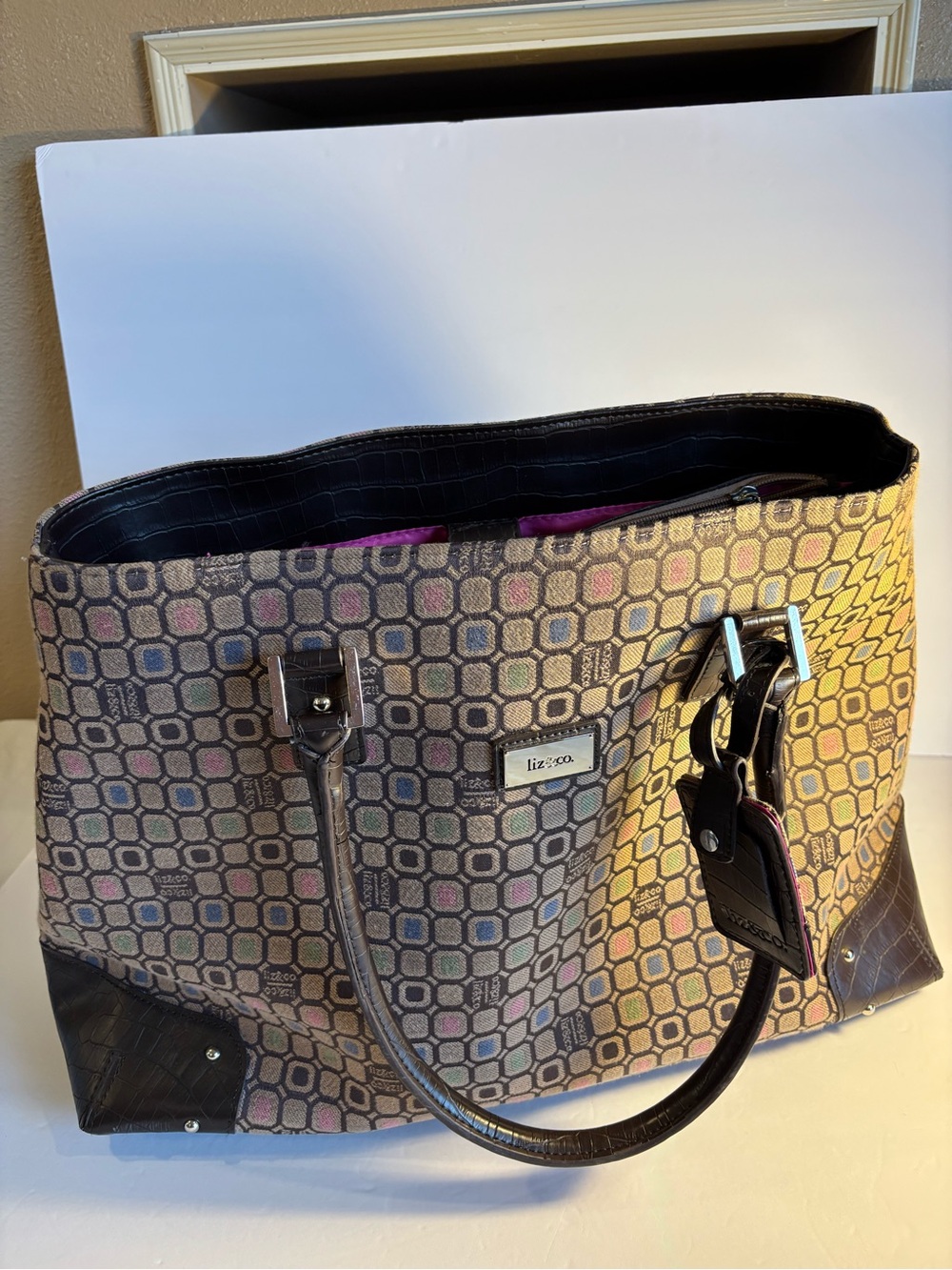 Liz Claiborne Beige Multicolor Geometric Tote with Dark Brown Trim